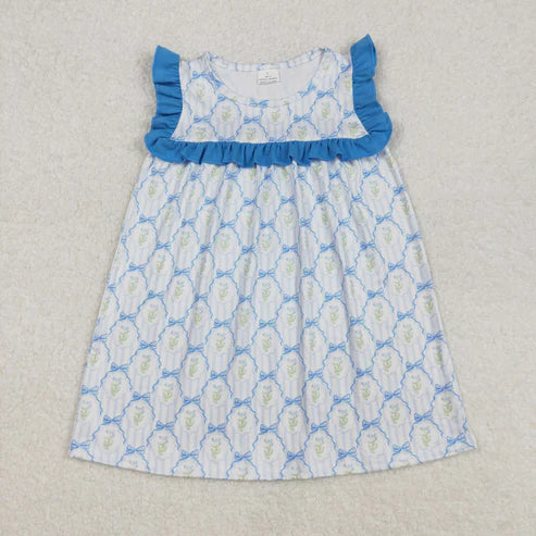 L-3.8 GSD1893 Baby Girls Blue Bows Flowers Knee Length Dress