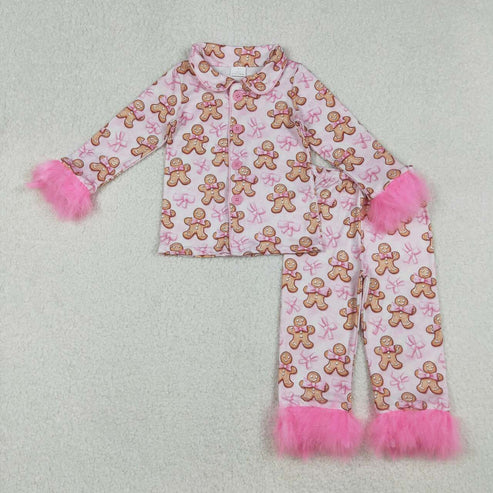 10.31 Mama and Me Pink Bows Gingerbread Button Top Pants Christmas Fur Pajamas Sets