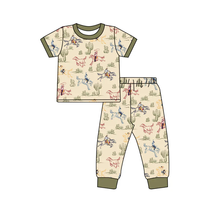 6.18  BSPO0564 Baby Boys Khaki Short Sleeves Cactus Horse Rodeos Top Pants Pajamas Set Preorder