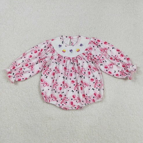 9.17 LR2216 Baby Girls Smocked Embroidery Long Sleeves Pink Bows Ghosts Candy Ruffle Romper