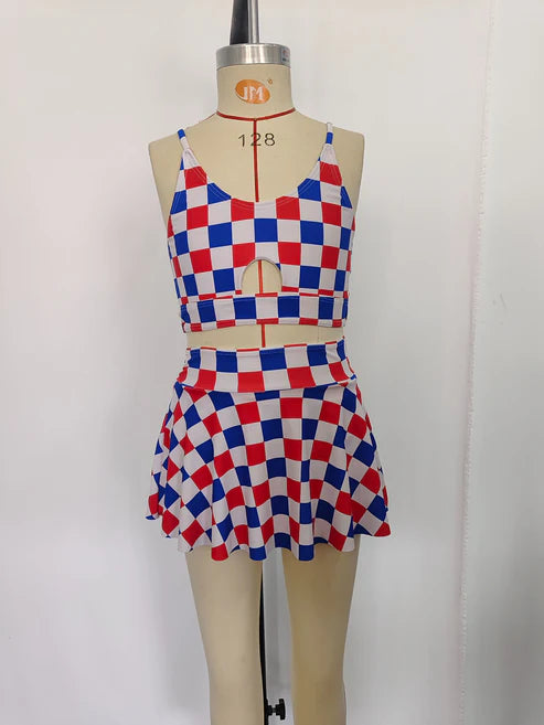 S0287 4th of July Red, blue and white checkered National Day swimsuit