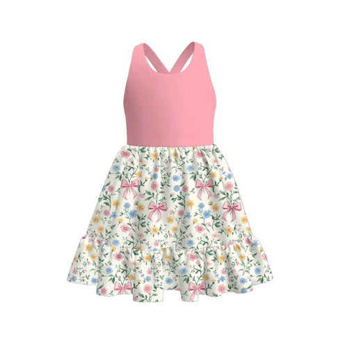 6.19 GSD2525 Baby Girls Pink Sleeveless Bows Floral Knee Length Dress Preorder