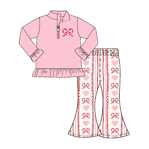 10.6 GLP2934 Baby Girls Pink Bows Zipper Pullovers Stripe Bell Bottom Pants Valentine Clothes Set Preorder