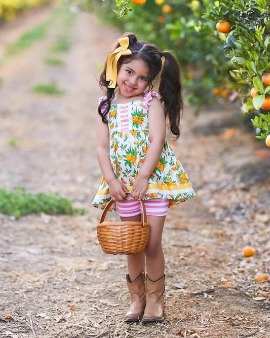 L-3.5 GSSO2115 Baby Girls Orange Flutter Sleeve Tunic Top Shorts Clothes Sets Preorder