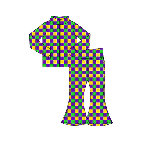 10.28 GLP3027 Baby Girls Mardigras Checked Zipper Jacket Bell Bottom Pants Yoga Clothes Sets Preorder