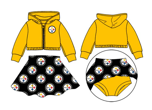 8.9 Custom Moq 5 Baby Girls Yellow Long Sleeves Stars Zipper Hoodies Plaid Skorts Team Set