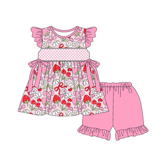 3.23 GSSO2400 Baby Girls Pink Flutter Sleeves Bows Floral Strawberry Tunic Ruffle Short Set Preorder