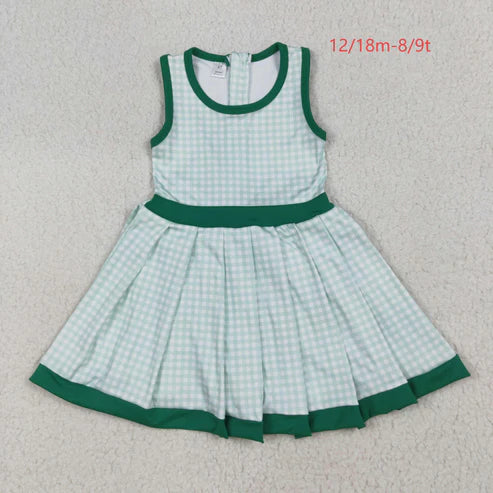 7.10 GSD2632 Baby Girls Green Plaid Sleeveless Ruffle Short Yoga Knee Length Dress