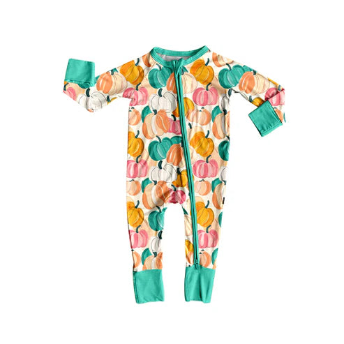 8.5 LR2552 Baby Girls Colorful Pumpkins Plaid Fall Zipper Footie Rompers Preorder