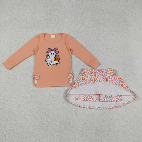 9.6 GLD1174 Embroidery Baby Girls Peach Long Sleeves Bows Ghost Pumpkins Top Leopard Skorts Set