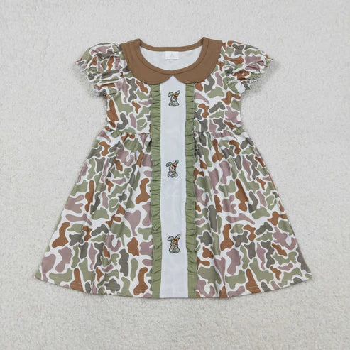 12.3 GSD2852 Embroidery Baby Girls Olive Camo Rabbits Bows Easter Ruffle Knee Length Dress