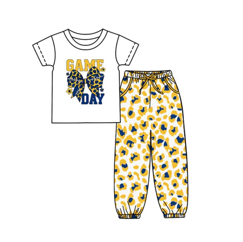 10.8 Custom Moq 5 Baby Kids Game Day Team Top Yellow Blue Leopard Pants Clothes Sets