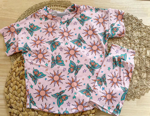 3.28 GSSO2437 Baby Girls Pink Short Sleeves Butterfly Suns Stars Top Short Pajamas Set Preorder