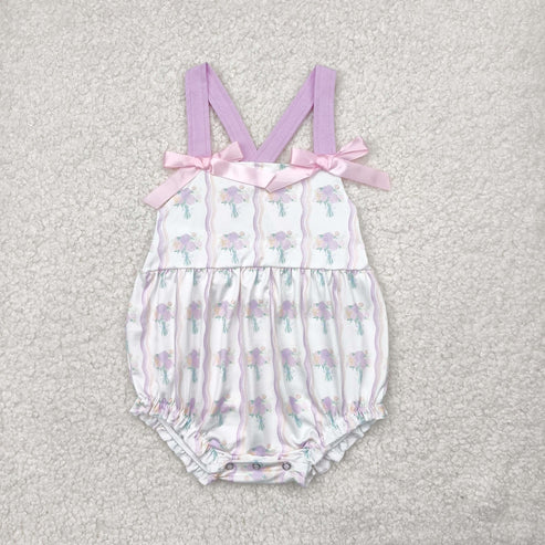 5.3  SR2961 Baby Infant Girls Hot Pink Bows Strap Floral Stripe Ruffle Romper