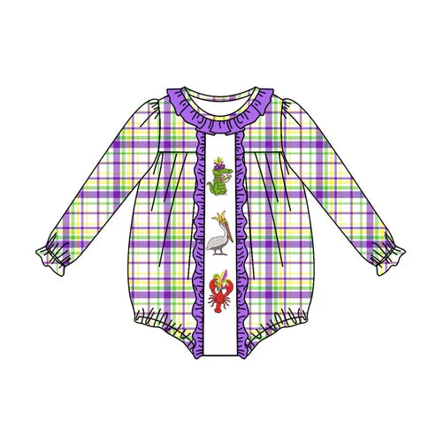 6.5 LR2048 Baby Infant Girls Mardi Gras Checkered Crawfish Long Sleeve Rompers preorder
