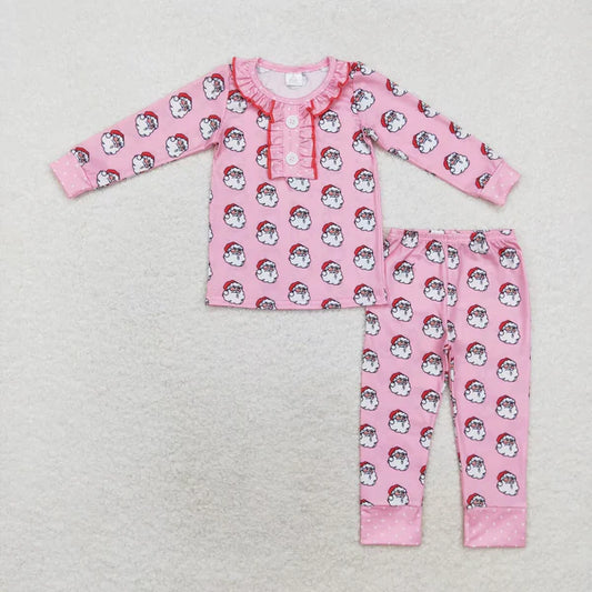 4.8 bamboo rts no moq GLP1269 Modal Santa Claus pink lace long-sleeved long-pants pajama set