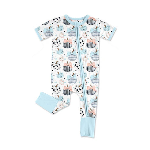 5.22 SR3109 Baby Infant Girls Blue Short Sleeves Bows Pumpkins Zipper Rompers Preorder