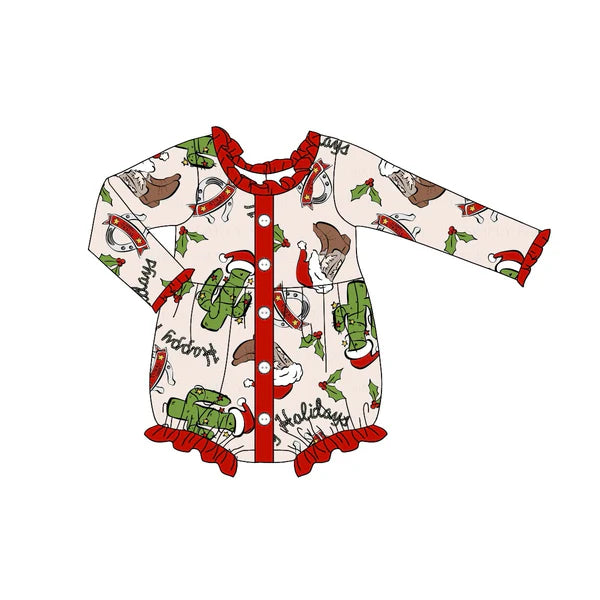 5.28 LR1956 Baby Infant Girls Christmas Cactus Boots Western Rompers preorder