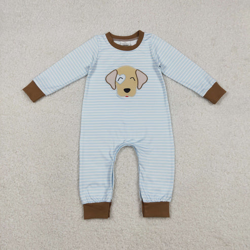 12.16 LR2659 Embroidery Baby Boys Blue Stripe Heart Dog Valentine Footie Romper