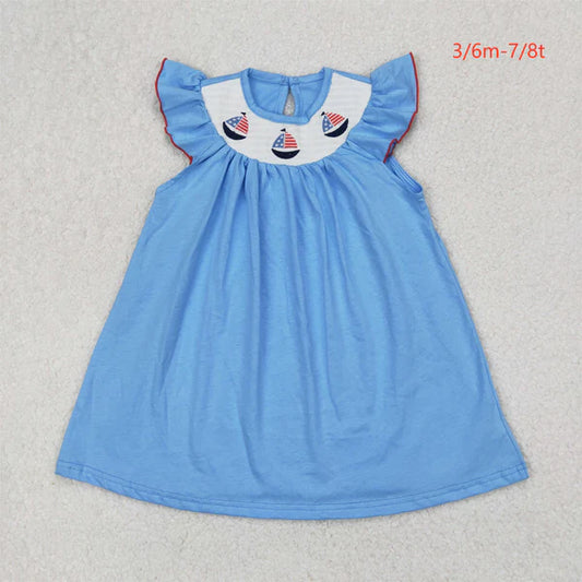 3.26 GSD1818 Baby Girls 4th Of July Sailboats Smocked Knee Length Dress