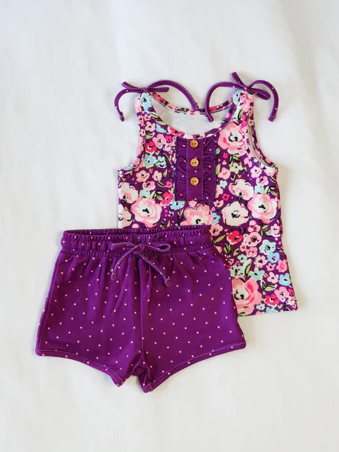 3.20 GSSO2358 Baby Girls Purple Sleeveless Floral Button Top Polka Dots Shorts Set preorder