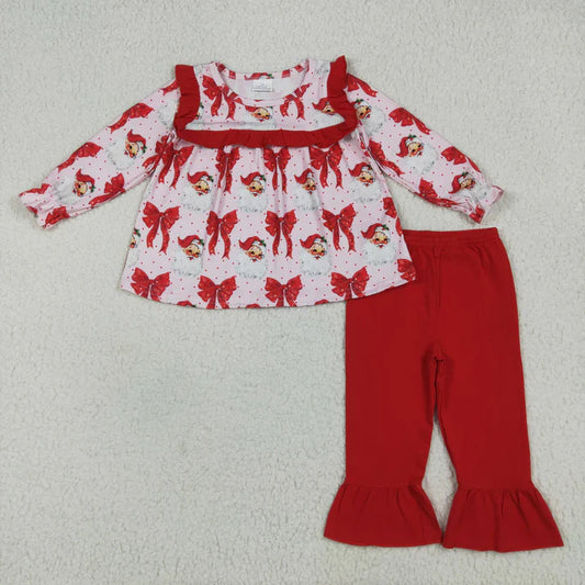 8.16 GLP2347 Baby Girls Long Sleeves Red Santa Bows Tunic Ruffle Pant Set