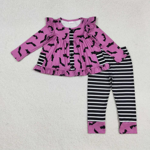 9.10 GLP2693 Baby Girls Bats Plaid Button Pockets Tunic Legging Pant Halloween Set