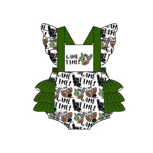 4.26 Preorder Moq 3 Baby Infant Girls Football Game Time Team Ruffle Rompers