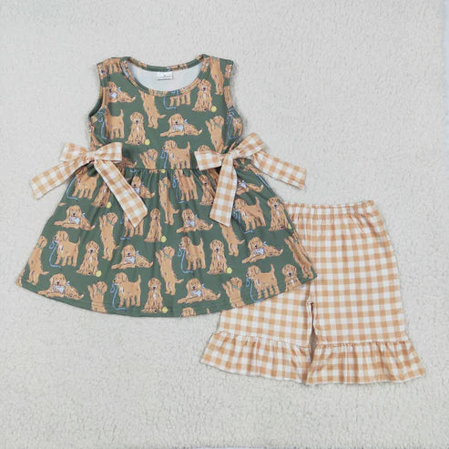 5.15 GSSO2449 Baby Girls Green Sleeveless Dogs Bows Tunic Khaki Plaid Ruffle Short Set
