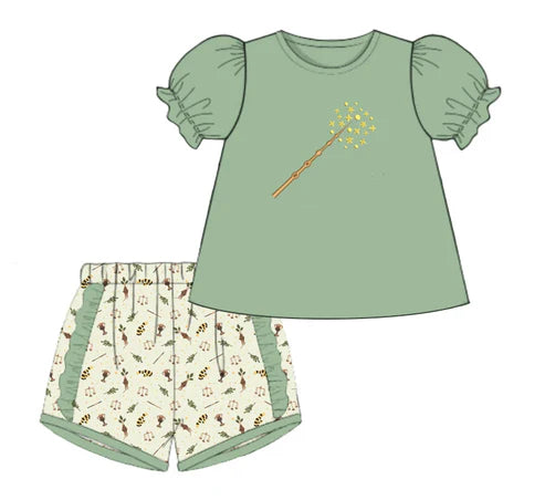 4.1  GSSO2458 Baby Girls Green Short Ruffle Sleeves Magic Stick Tunic Short Set Preorder