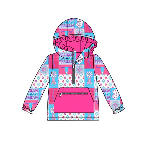 7.28 GT1119 Baby Girls Long Sleeves Aztec Bull Skull Plaid Pockets Zipper Hoodies Top Preorder