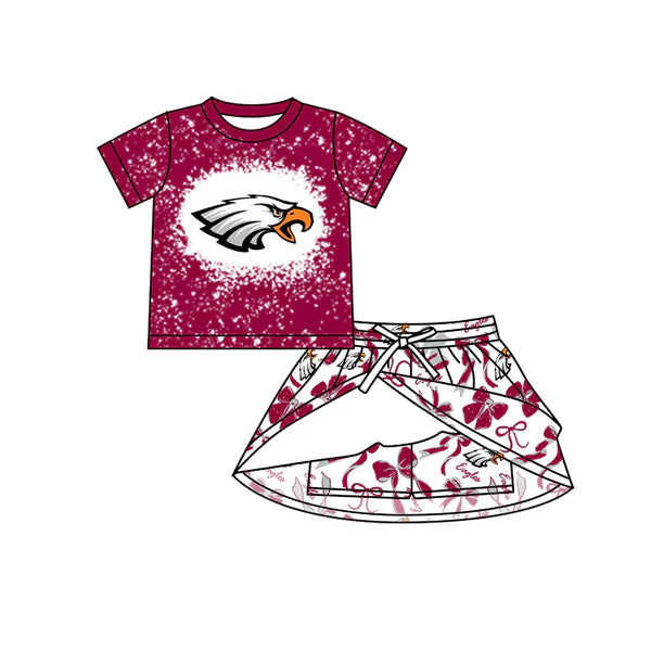 7.9 Custom Moq 3 Baby Girls Wine Short Sleeves Eagles Top Bows Plaid Skorts Team Set
