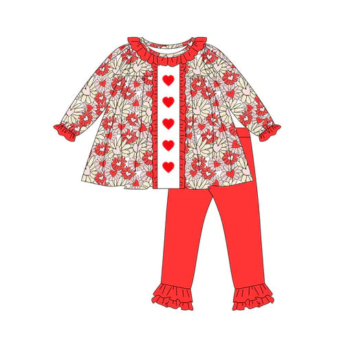 9.19 GLP2847 Baby Girls Red Hearts Flowers Tunic Ruffle Legging Pants Valentine Clothes Sets Preorder