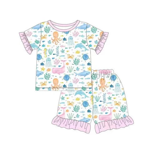 GSSO2298 Baby Girls Pink Sea Animals Shirt Ruffle Shorts Pajamas Clothes Sets preorder