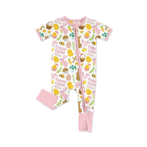 9.30 SR3239 Baby Girls Flowers Rabbits Eggs Happy Easter Zipper Rompers Preorder