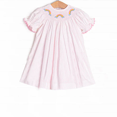 3.25 GSD2277 Baby Girls Pink Polka Dots Short Ruffle Sleeves Smocked Rainbows Knee Length Dresses Preorder