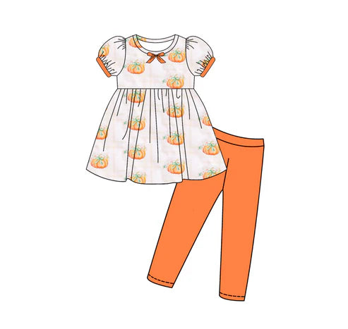 7.30 GSPO2057 Baby Girls Short Ruffle Sleeves Pumpkins Plaid Tunic Legging Pant Set Preorder