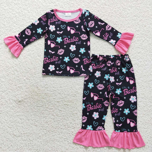 GLP0652 barbie glasses flower lace black long sleeve trousers suit