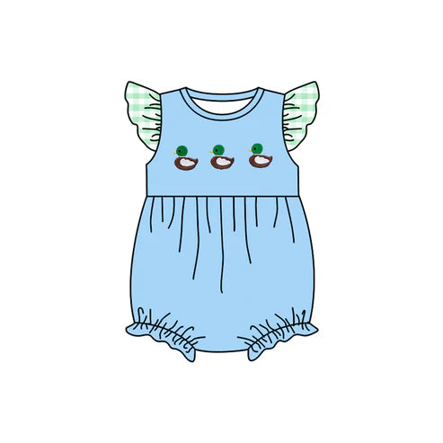 10.21 SR3266 Baby Girls Checked Flutter Sleeve Ducks Ruffle Rompers Preorder