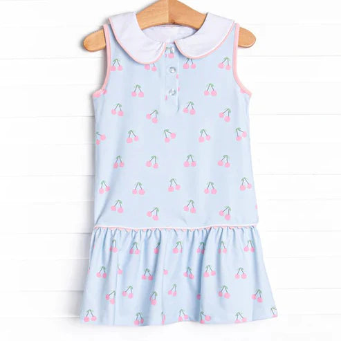 6.7 GSD2634 Baby Girls Blue Sleeveless Button Cherry Plaid Knee Length Dresses Preorder