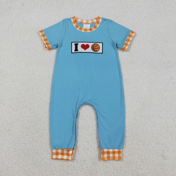 12.13 SR3366 Embroidery I Love Basketballs Baby Boys Team Footie Romper