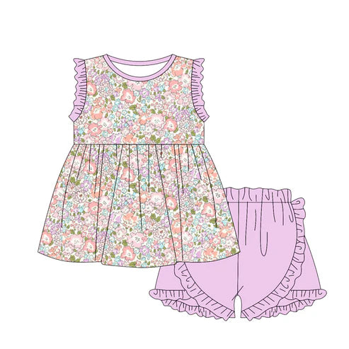 Baby Girls Lavender Flowers Tunic Ruffle Shorts Clothes Sets Preorder