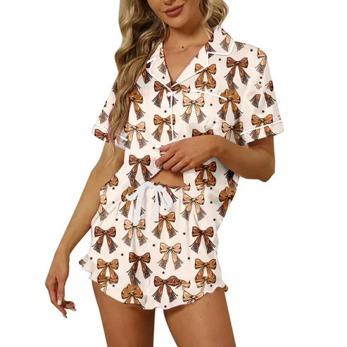 5.16 Preorder Moq 3 Adult Women Western bows Button Pocket Top Short Pajamas