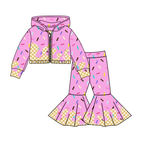 8.11 Custom Moq 5 Baby Girls Pink Long Sleeves Drip Zipper Jacket Top Bell Bottom Pant Team Clothes Sets