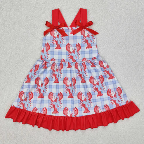 3.15 GSD1968 Baby Girls Blue Checkered Crawfish Bow Ruffle Knee Length Dress