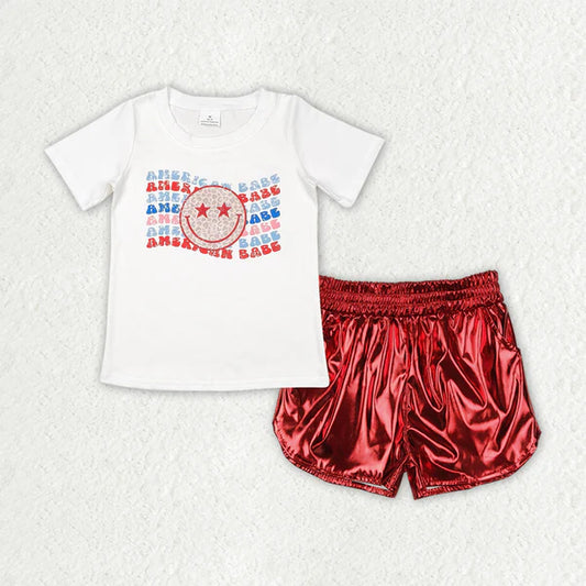 4.7 GT0502+SS0415 Baby Girls American Babe Smile Tops Red Leather Shorts Clothes Set