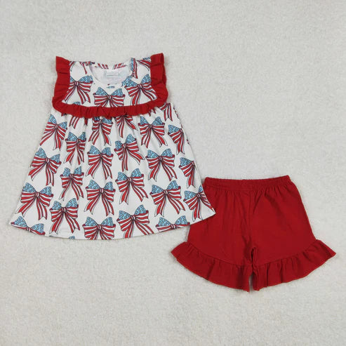 L-3.8 GT0949+SS0269 Baby Girls 4th Of July Bow Ruffles Tunic Ruffle Shorts Set