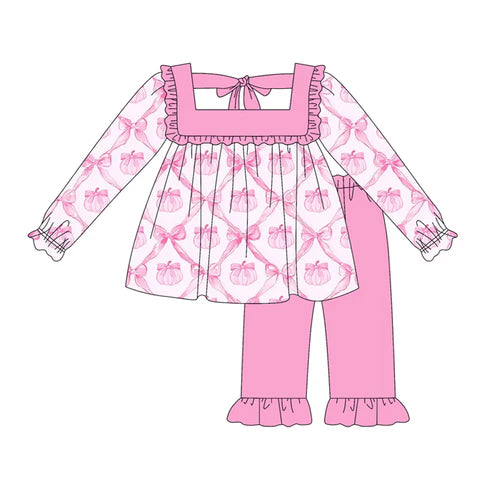 5.19 GLP2351 Baby Girls Long Sleeves Pink Bows Pumpkins Plaid Tunic Ruffle Pant Set Preorder