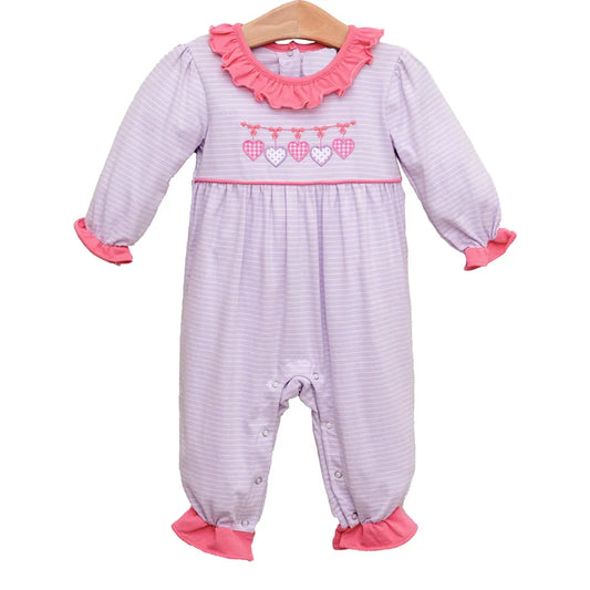 9.27 LR2706 Baby Girls Hearts Lavender Stripe Valentine Ruffle Footie Rompers Preorder