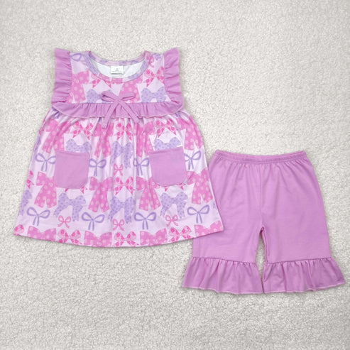 5.3 GSSO2462 Baby Girls Lavender Bows Pockets Tunic Ruffle Short Set